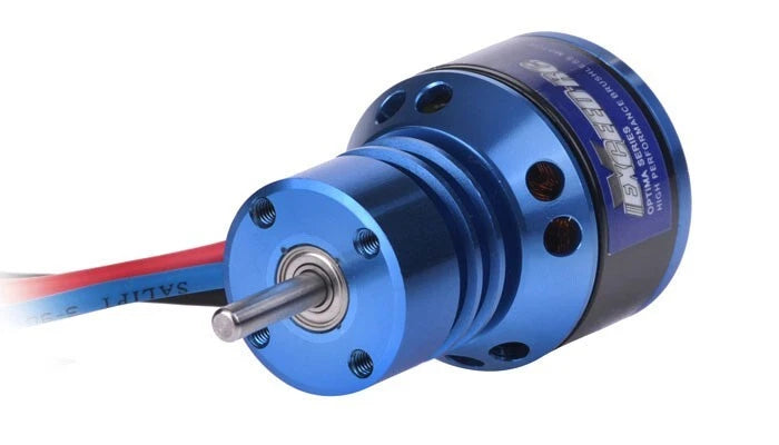 Blue brushless RC motor with front output shaft and circular mounting holes