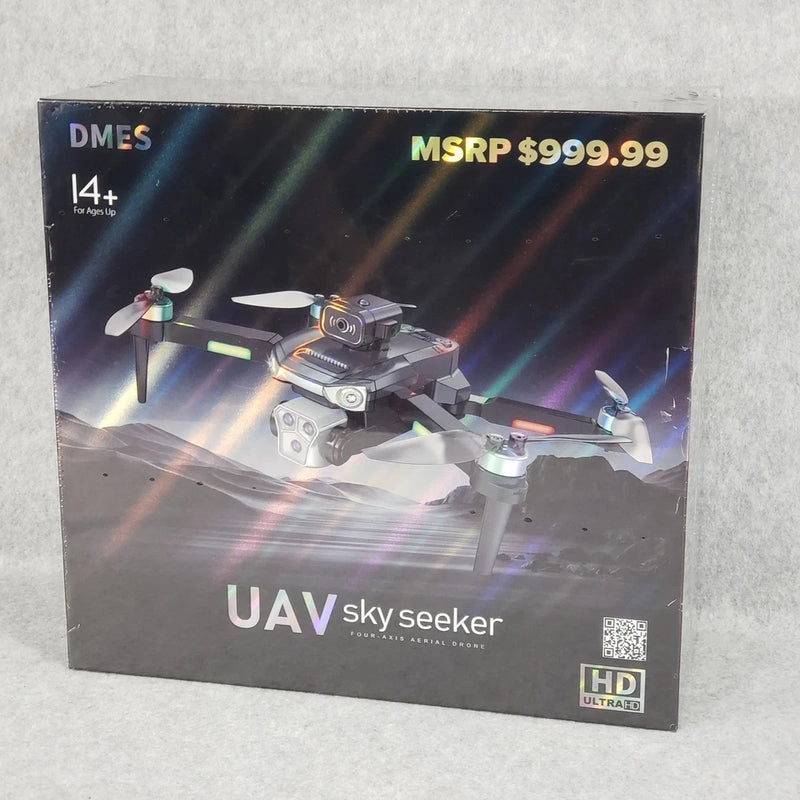 UAV quadcopter drone retail box with sky seeker branding and HD camera label