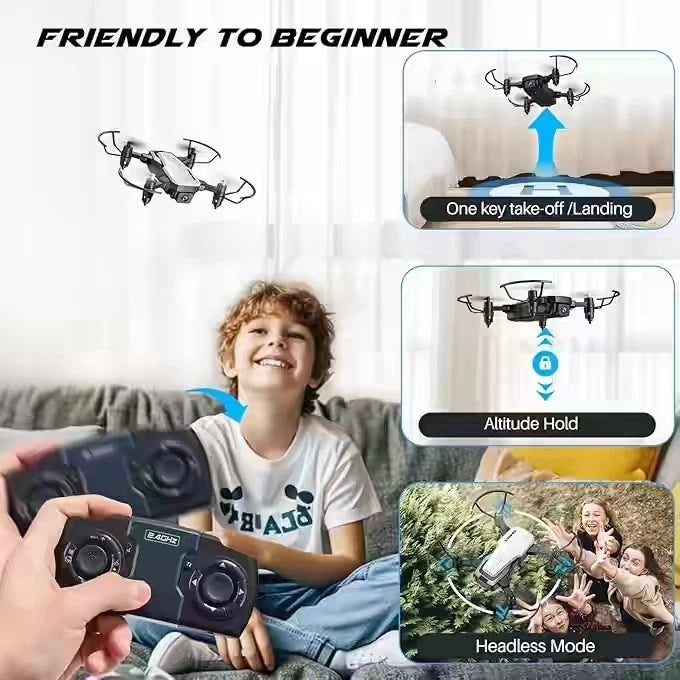 SIMREX mini quadcopter drone with 720P camera, black, shown with handheld remote controller
