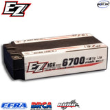 RC LiPo shorty battery, 6700mAh 2S 7.6V, 5mm connector, black/orange label.