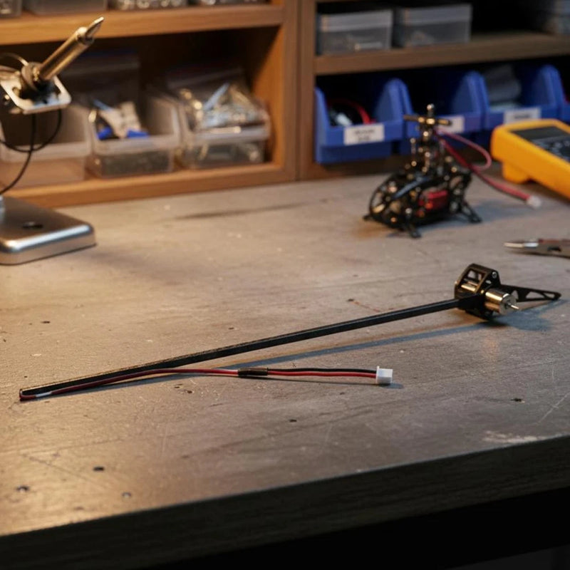 RC helicopter tail motor assembly with cable and control connector