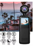 Pocket body camera with clip, black mini cam and display screen, 180° wide angle.