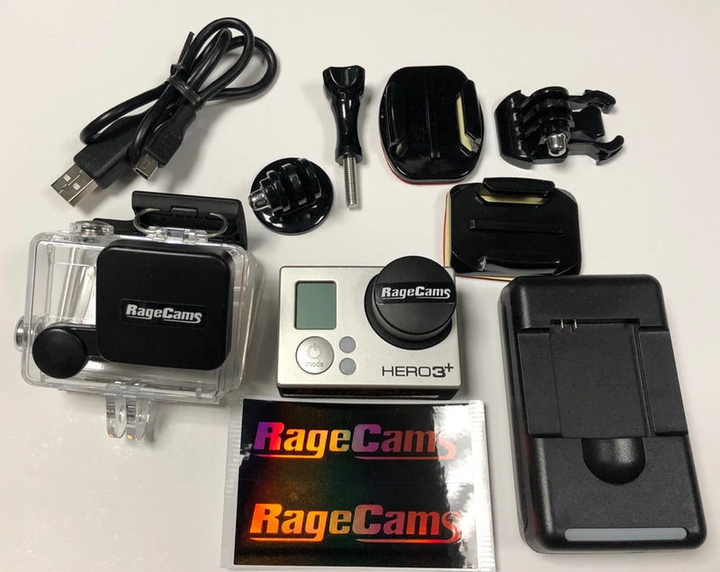 RageCams GoPro Hero3+ silver action camera with protective case and mounting accessories