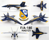 1/72 scale F/A-18E Super Hornet model with Blue Angels livery, front and side views