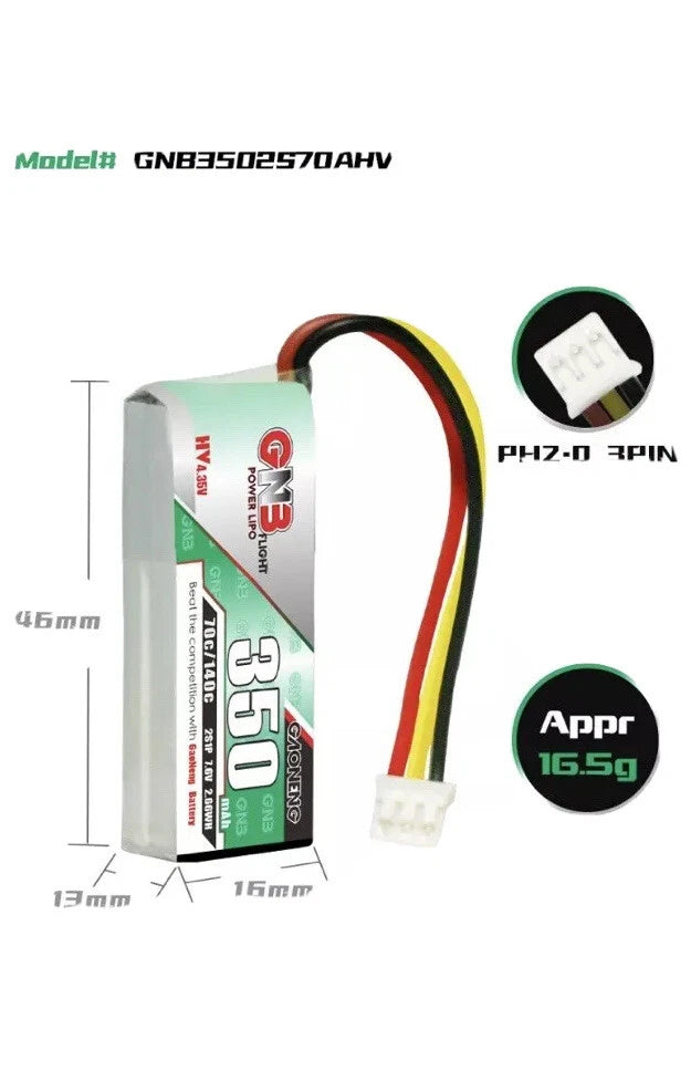 GNB Gaoneng 2s 350mah 70c/140c LIHV battery JST2.0 or 2.54 Mcpxbl2 Omp M1 2 Pcs Battery