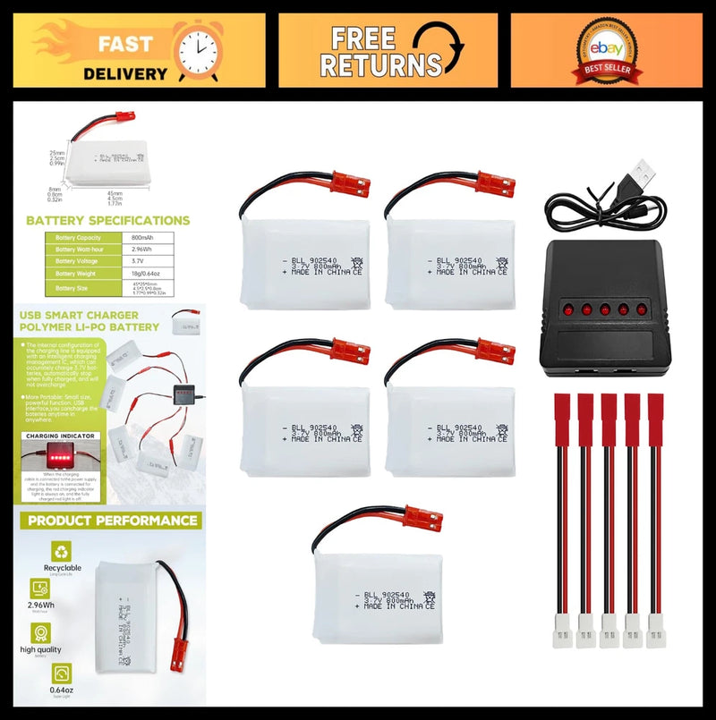 5PCS 3.7V 800mAh Lipo Battery & 5-in-1 Charger for RC Quadcopter Drone Models Battery