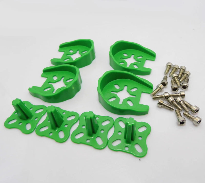 Green RC motor protector case mounts with hardware screws for brushless motors