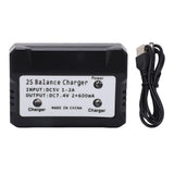 2S balance battery charger, black with DC input cable and labeled output specs