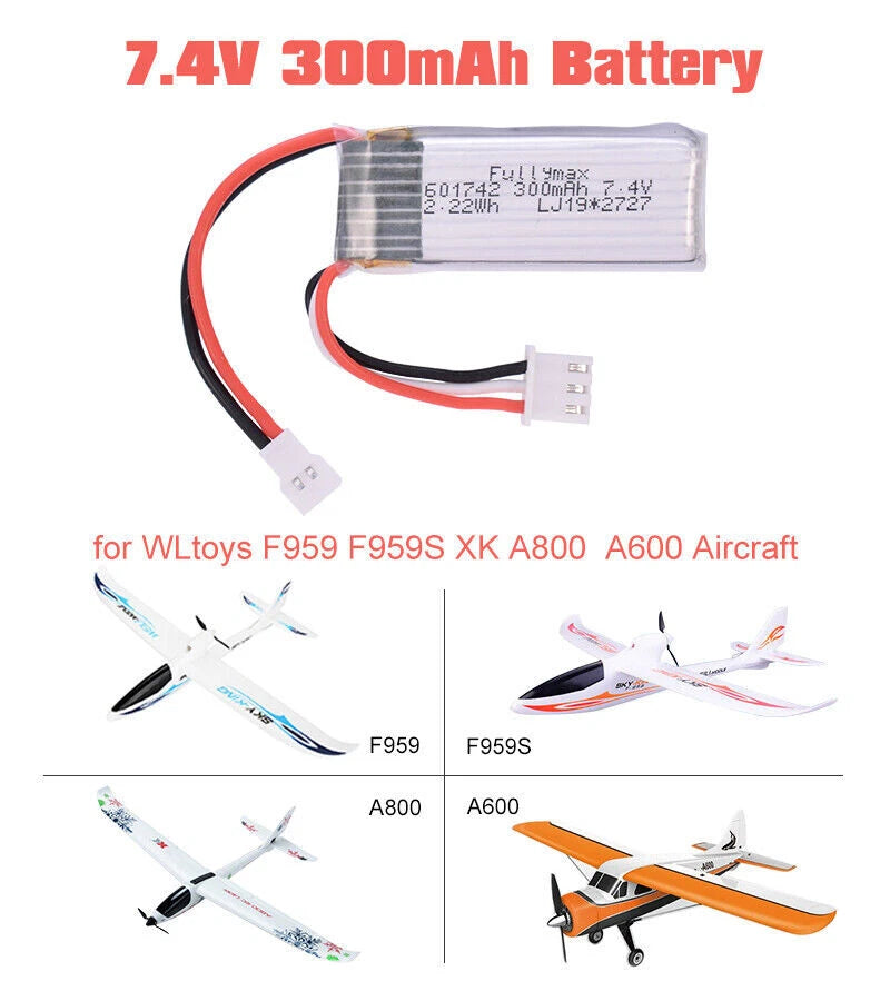 2pcs 7.4V 300mAh Li-Po Battery for WLtoys RC Airplane Aircraft XK A800 A600