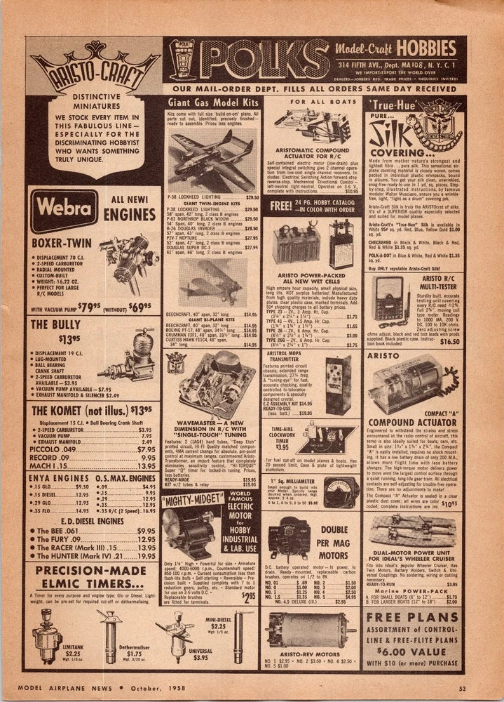 Model Airplane News 1958 Vintage Magazine Ad Page Polk's Hobby RC