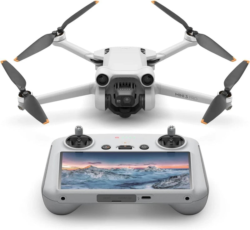 White DJI Mini 3 Pro camera drone with 3-blade propellers and gray controller