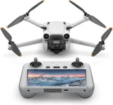 White DJI Mini 3 Pro camera drone with 3-blade propellers and gray controller