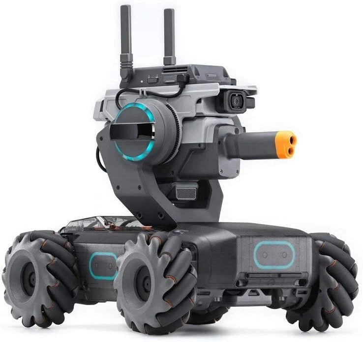 Educational 4WD robot with dual antenna, gray body and black wheels, front turret