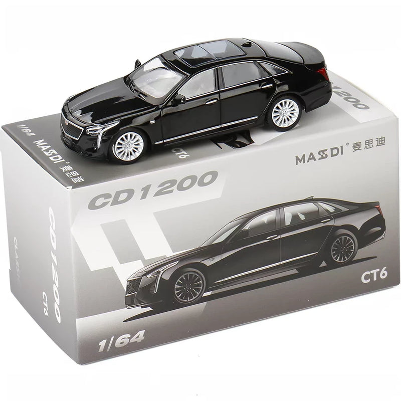 Black 1/64 scale alloy car model CT6 with silver wheels, shown on branded box