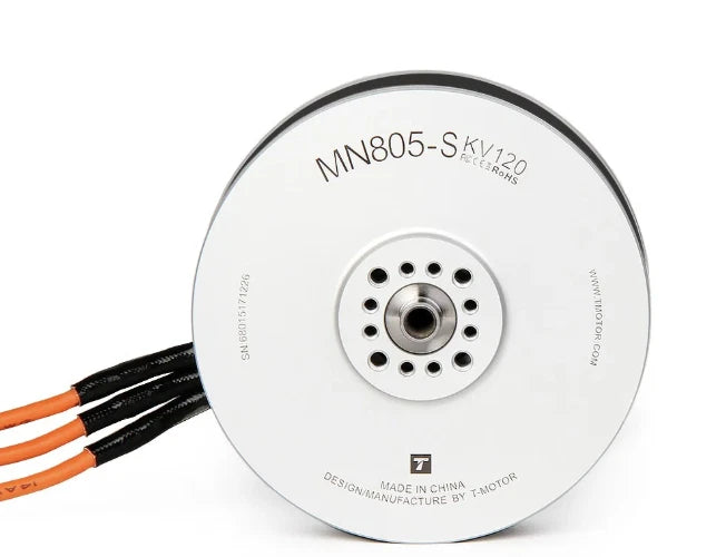 T-Motor MN805-S KV120 UAV motor with circular housing and black-orange lead wires