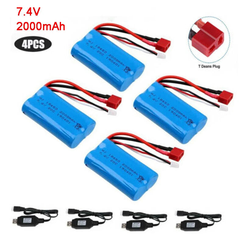 4Pcs Li-Ion Battery 7.4V 2000mAh 20C T Plug Connector w/ USB Charger for RC Car