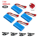 4Pcs Li-Ion Battery 7.4V 2000mAh 20C T Plug Connector w/ USB Charger for RC Car