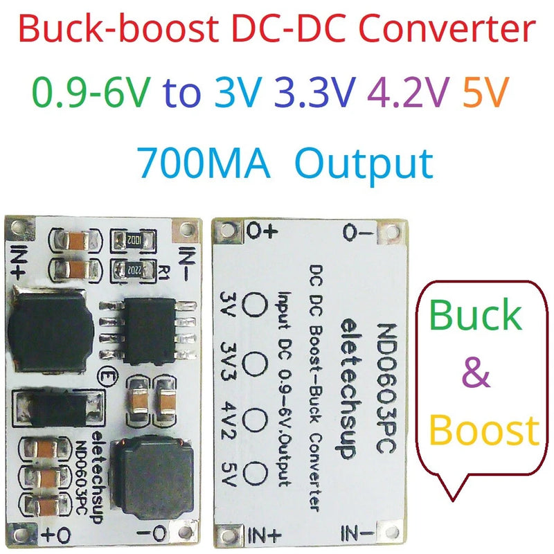Buck-boost DC-DC converter module PCB with IN+/IN- and OUT+/OUT- terminals