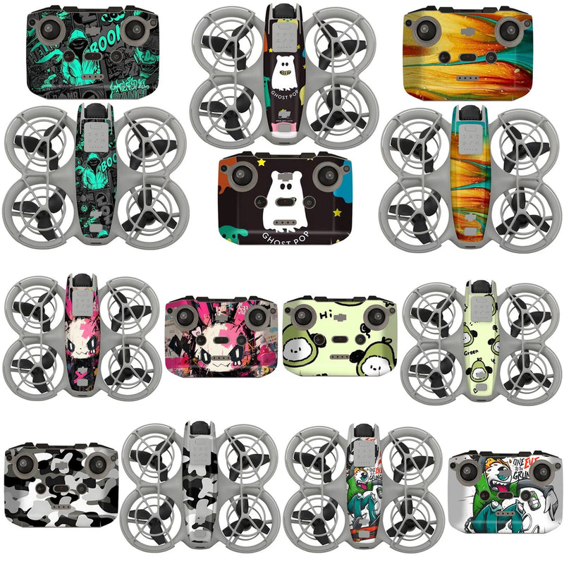 Drone sticker skin wrap set with controller decals and drone body covers, colorful patterns