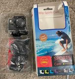 Black waterproof action sports camera kit with mount, accessories, and retail box