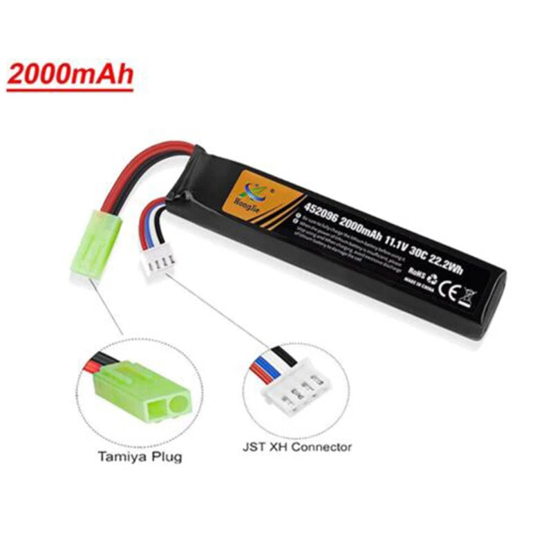 2000mAh LiPo airsoft battery pack with mini Tamiya plug and JST XH connector, red/black leads