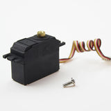 Black RC steering servo with gear, wires, and mounting screw