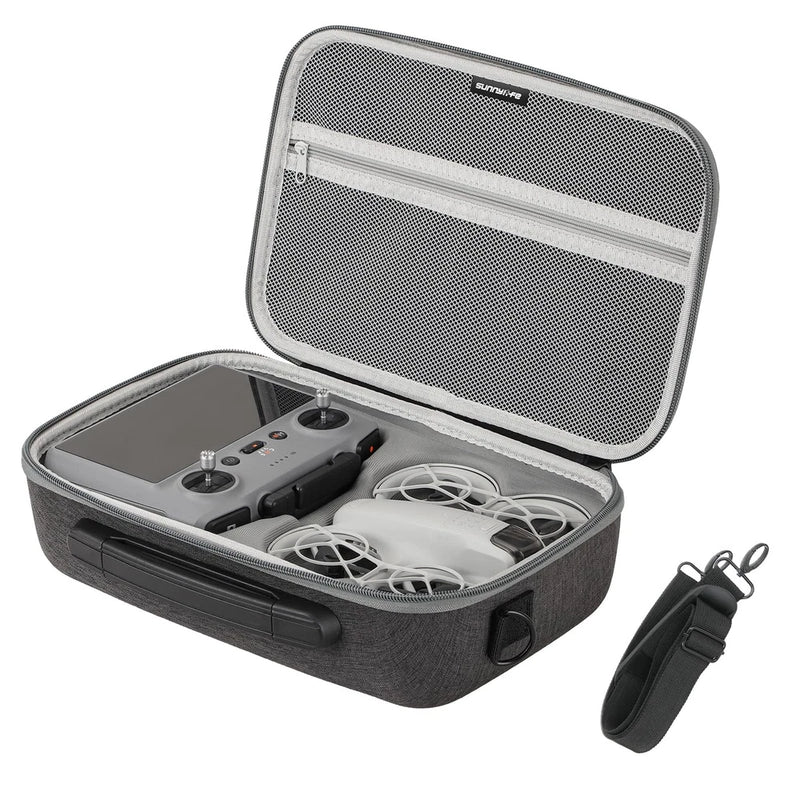 Portable hard-shell drone travel bag case, open with foam padding and cable compartment