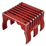 Red aluminum RC motor heatsink with cooling fins and four mounting holes