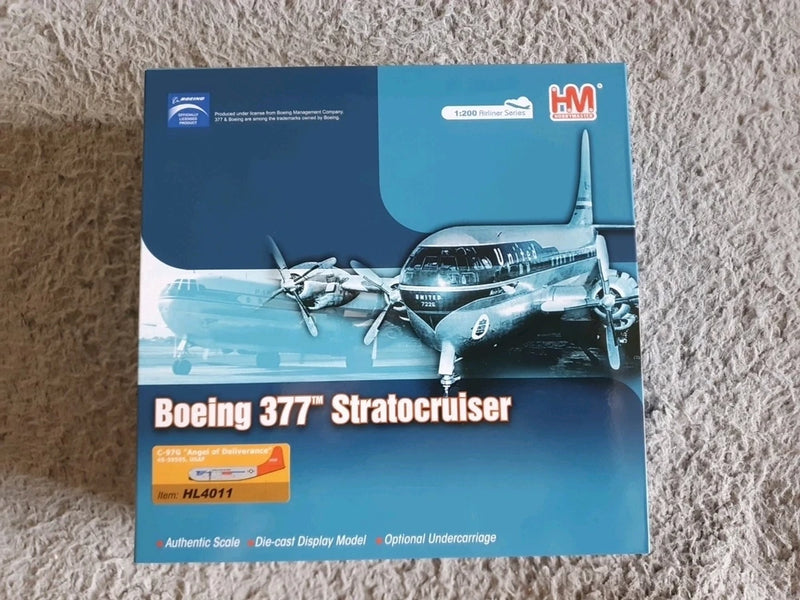 Boeing 377 Stratocruiser model kit box, blue and gray with aircraft artwork