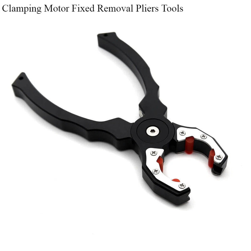 Motor fixed clamp removal pliers with red adjust knobs, black and silver metal jaws