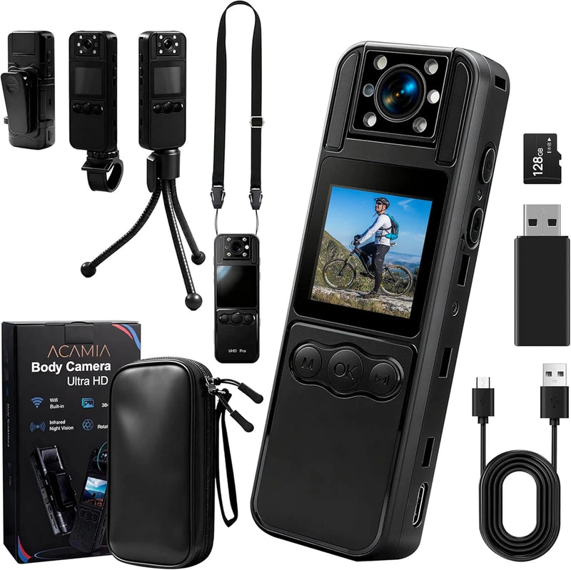 4K Mini Body Camera with Night Vision, Audio, 180?? Lens & 128GB Storage