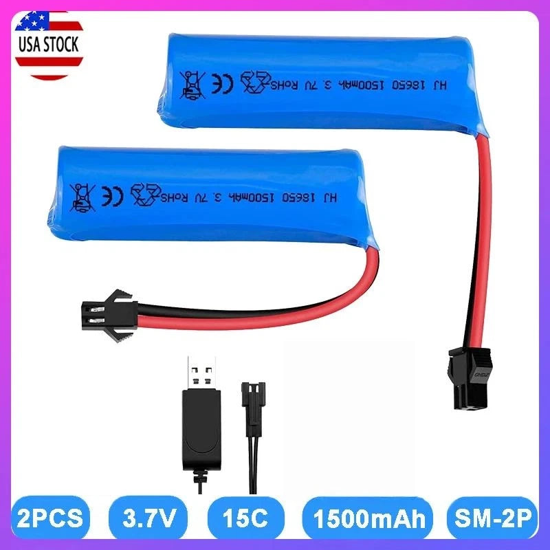 2Pcs 3.7V 1500mAh 15C RC SM 2Pin Plug Rechargeable Battery + USB Charger Cable