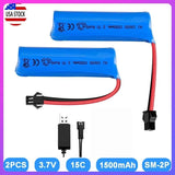 2Pcs 3.7V 1500mAh 15C RC SM 2Pin Plug Rechargeable Battery + USB Charger Cable