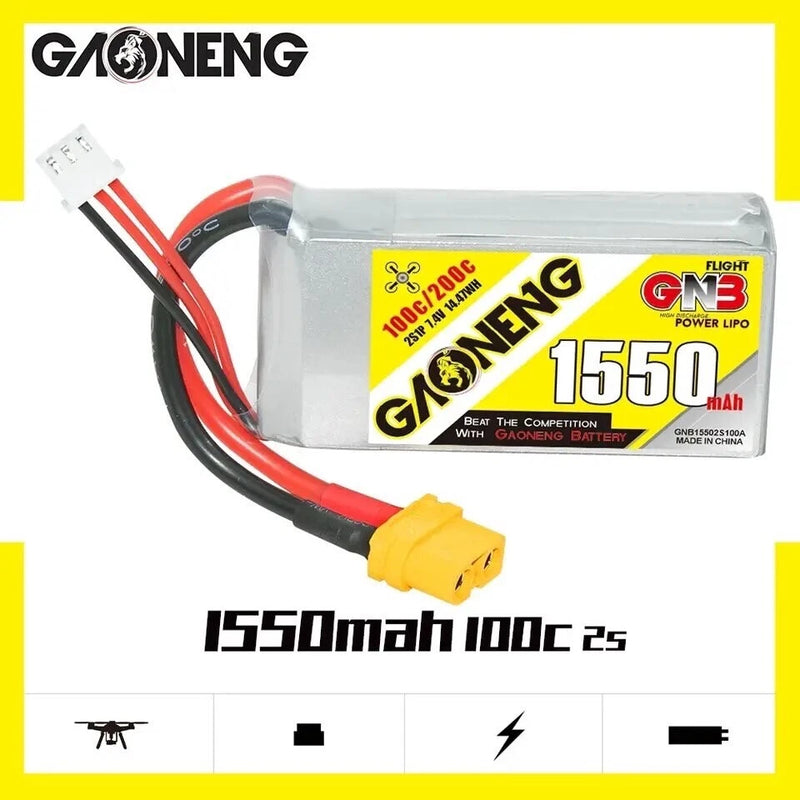LiPo 2s 7.4v 1550mAh 100C/200C XT60 Battery GNB R. Car Boat FPV Drone 1x