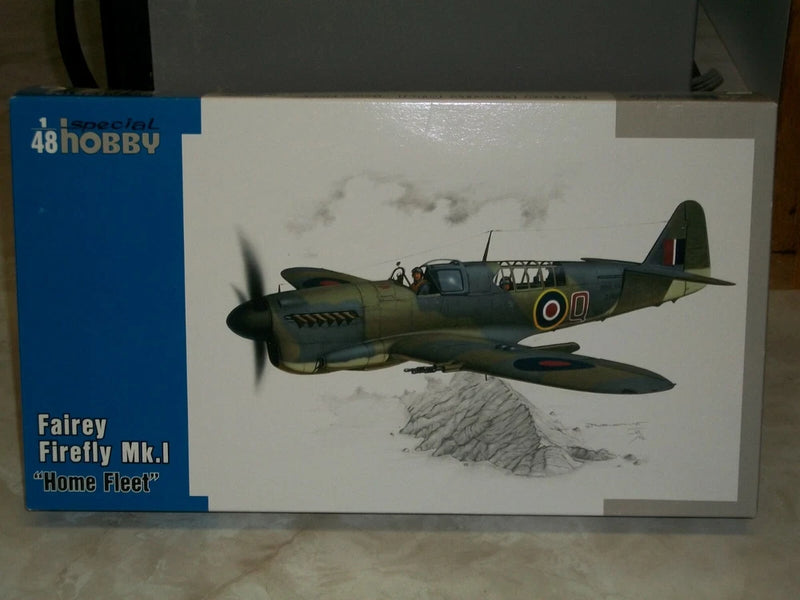 Olive green Fairey Firefly Mk.I model kit box art with red roundel markings
