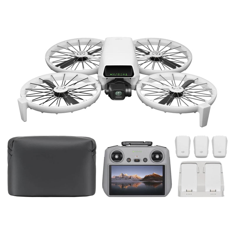 Foldable drone with four propellers, remote controller screen, and spare batteries