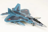 Blue and gray F-22J Raptor model jet with deployed landing gear and twin tail fins