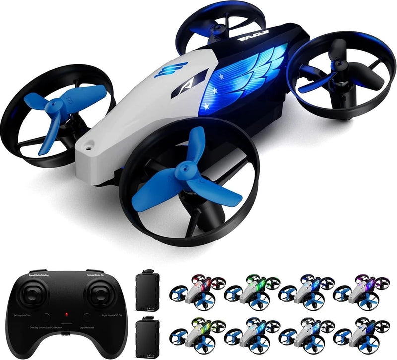 Blue and white mini quadcopter drone with four propellers and handheld remote controller