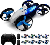 Blue and white mini quadcopter drone with four propellers and handheld remote controller