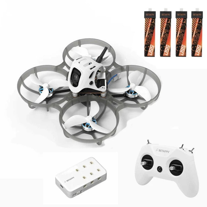 White brushless FPV drone with 4 propellers, remote controller, and 4 battery packs