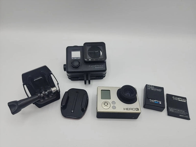 GoPro HERO3 Silver action camera kit with housing, mount, battery, and case