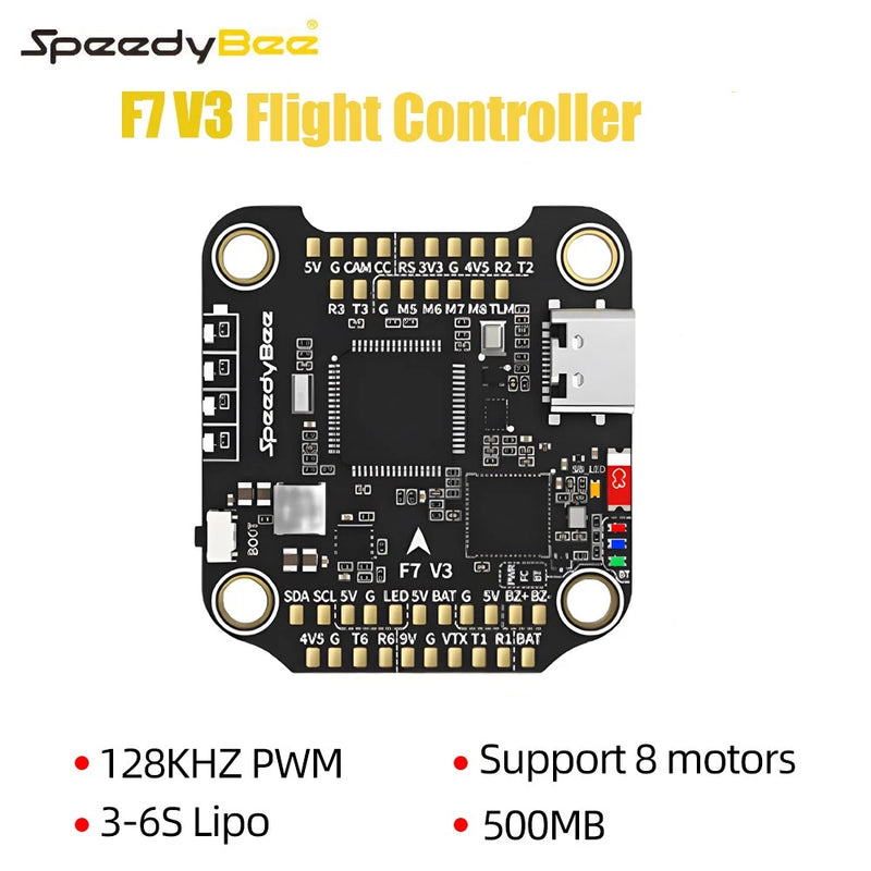 SpeedyBee FPV flight controller PCB, black board with mounting holes and ports