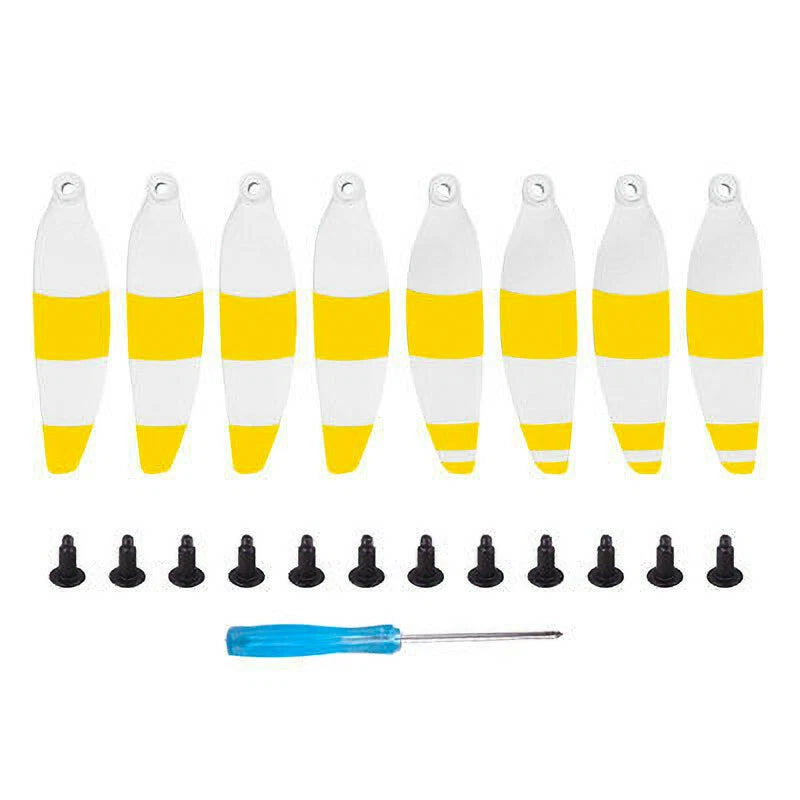 8-pack yellow and white striped drone propellers with black mounting screws and tool