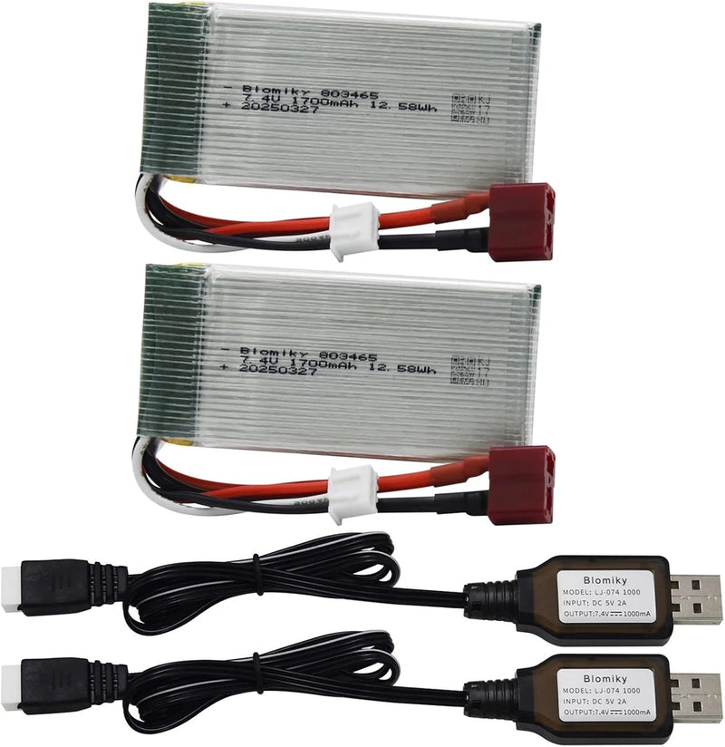 2 Pack 7.4V 1600mAh 12.58Wh 30C Lipo Battery with T Plug and USB Cables for 1 Battery