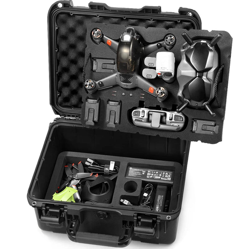 Black waterproof hard case with molded foam for DJI FPV drone and accessories