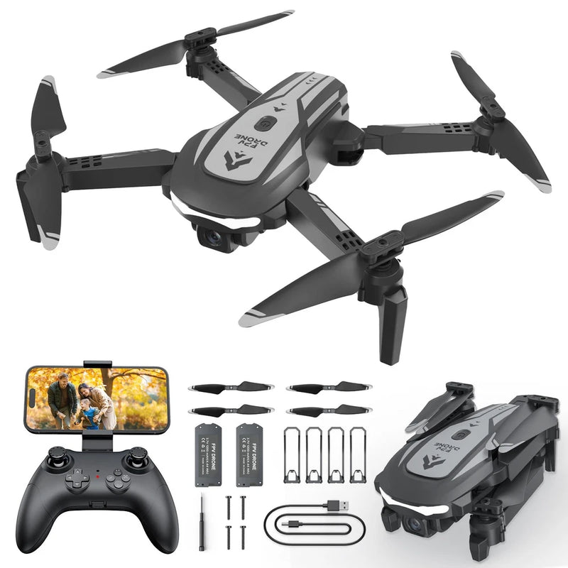Foldable FPV camera drone with remote controller, phone mount, and spare accessories