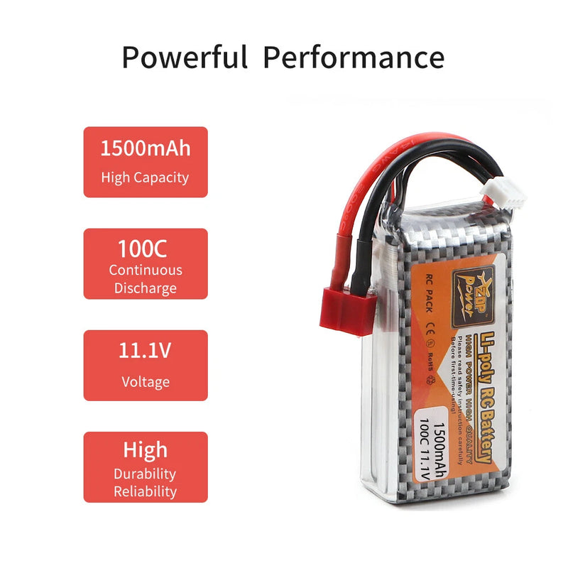 11.1V 1500mAh LiPo battery pack with T-male plug and red/black leads