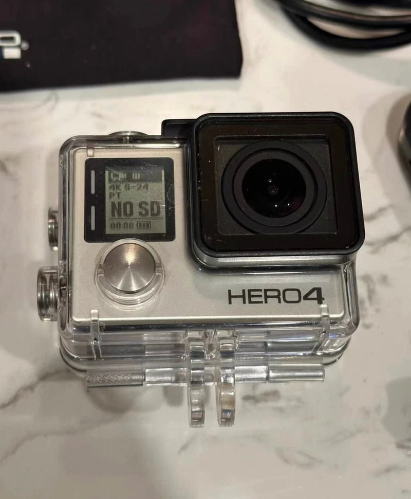 GoPro HERO4 Black action camera in clear protective case, front lens and HERO4 label