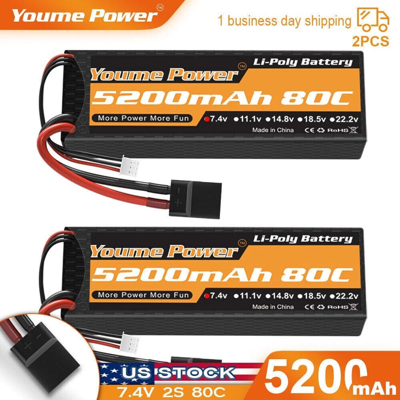 2pcs Youme 7.4V 5200mAh 2S 80C TR LiPo Battery for RC  Car Truck Buggy Boat