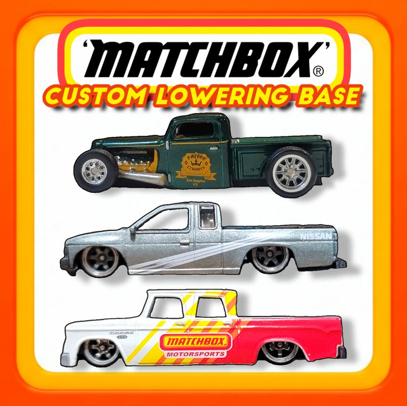 Matchbox custom lowering base set on blister card, showing two model trucks and logo
